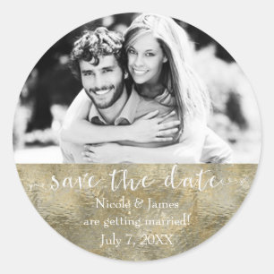 Sticker Rond Glamour Chic Or Faux Foil Photo Enregistrer La Dat