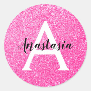 Sticker Rond Glamour Féminin Paillettes Rose Chaud Monogramme N