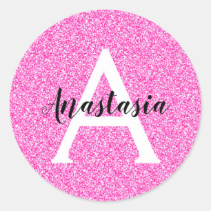 Sticker Rond Glamour Féminin Rose Chaud Paillettes Monogramme N
