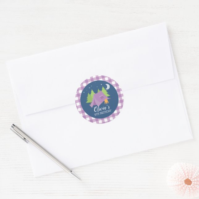 Sticker Rond Glamping Plaid violet Camping Slepover anniversair (Enveloppe)