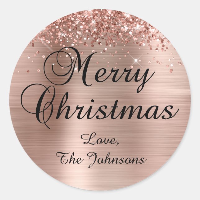 Sticker Rond Glitter Rose Gold Foil Joyeux Noël Famille (Devant)