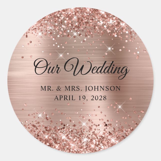 Sticker Rond Glitter Rose or huile Notre Mariage (Devant)