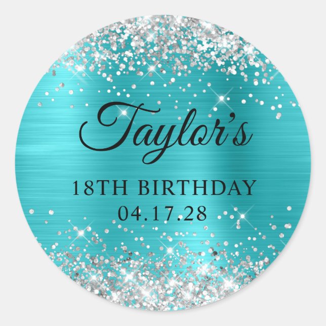 Sticker Rond Glitterie Argent Turquoise Blue Foil 18e anniversa (Devant)