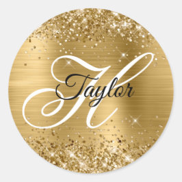 Sticker Rond Glitterie Or Métallo Fancy Monogramme