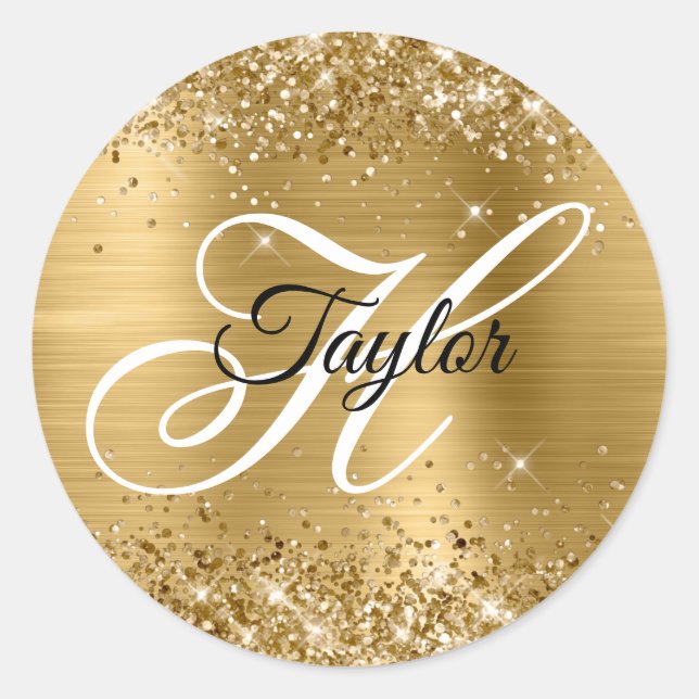 Sticker Rond Glitterie Or Métallo Fancy Monogramme (Devant)