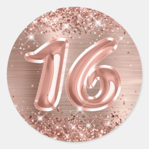 Sticker Rond Glitterie Rose Gold Foil Numéro 16 Anniversaire