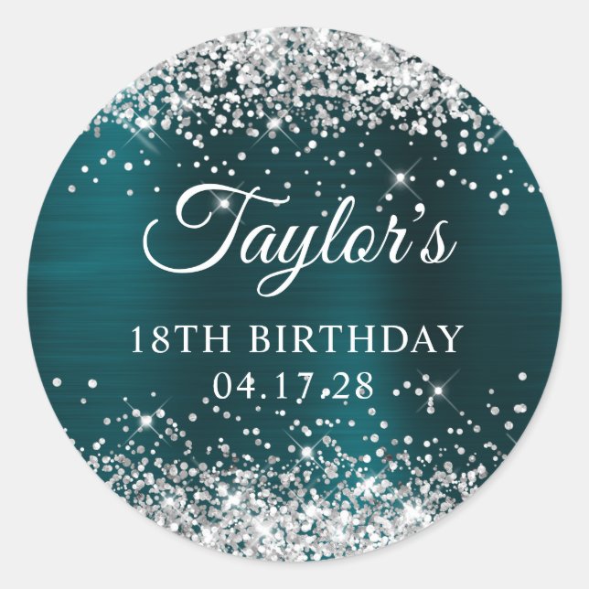 Sticker Rond Glitterie Silver Dark Turquoise Foil 18e anniversa (Devant)