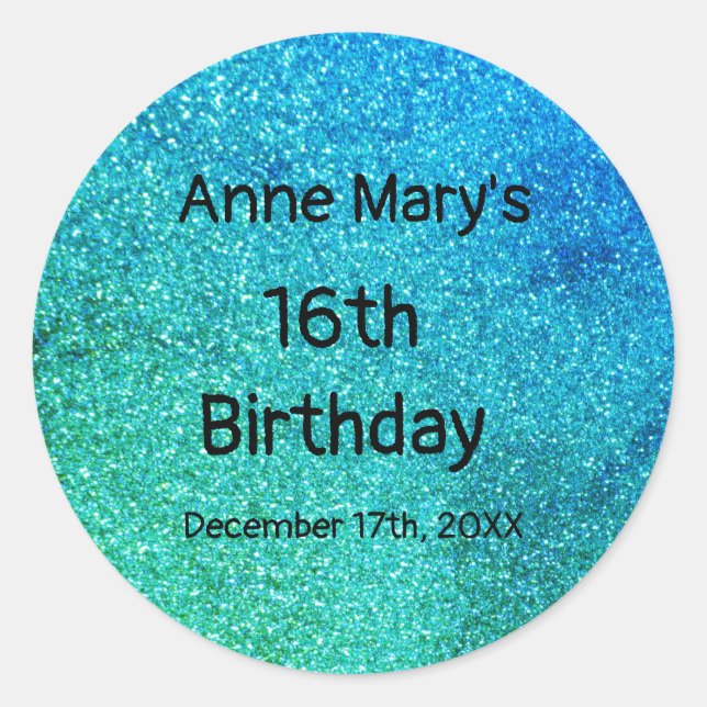 Sticker Rond Glitterie Turquoise Bleu Vert Étincelle 16e annive (Devant)