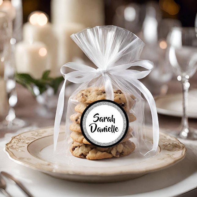 Sticker Rond Glittery Bat mitzvah Élégant noir et argent (Créateur téléchargé)