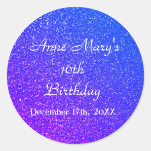 Sticker Rond Glittery Blue Sparkle 16e anniversaire Nom personn