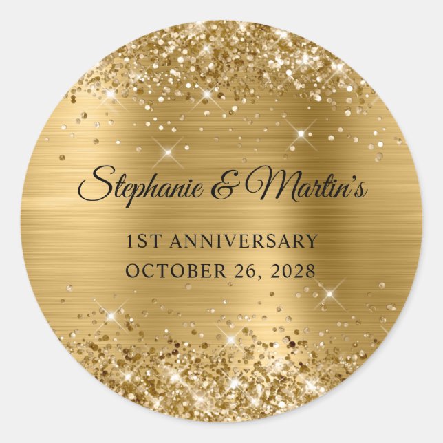 Sticker Rond Glittery Gold Foil 1er anniversaire Mariage (Devant)