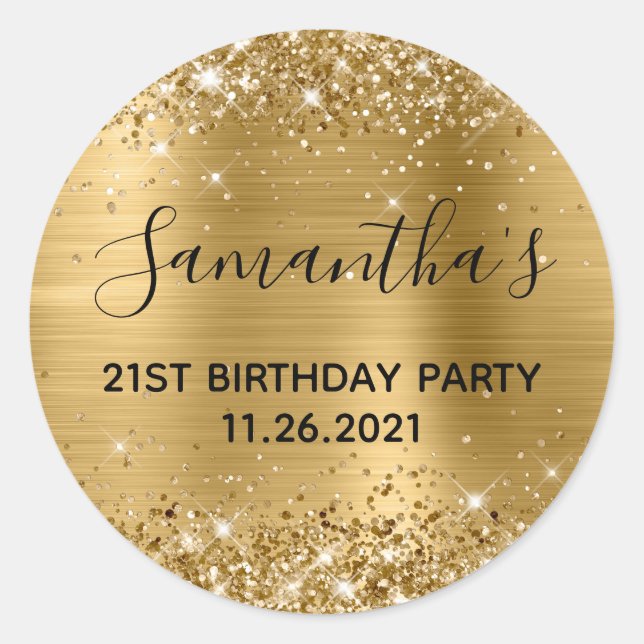 Sticker Rond Glittery Gold Foil 21e fête d'anniversaire (Devant)