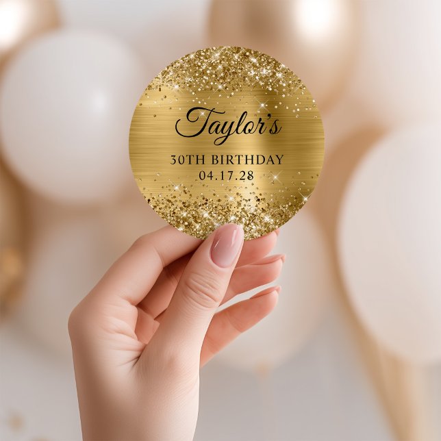 Sticker Rond Glittery Gold Foil 30e anniversaire (Glittery Gold Foil 30th Birthday Classic Round Sticker)