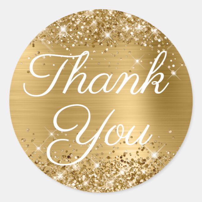 Sticker Rond Glittery Gold Foil Élégant Merci de calligraphie (Devant)