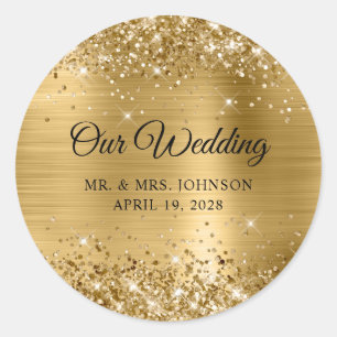 Sticker Rond Glittery Gold Foil Notre Mariage