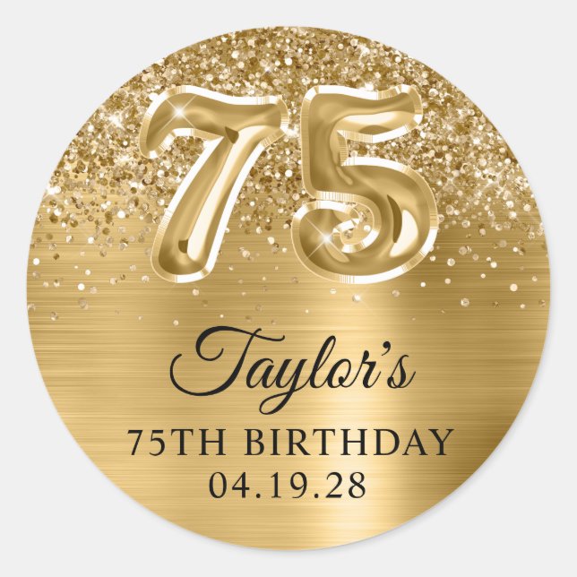 Sticker Rond Glittery Gold Foil Numéro 75 Anniversaire (Devant)