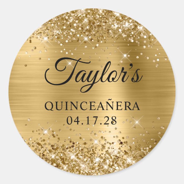 Sticker Rond Glittery Gold Foil Quinceanera Anniversaire (Devant)