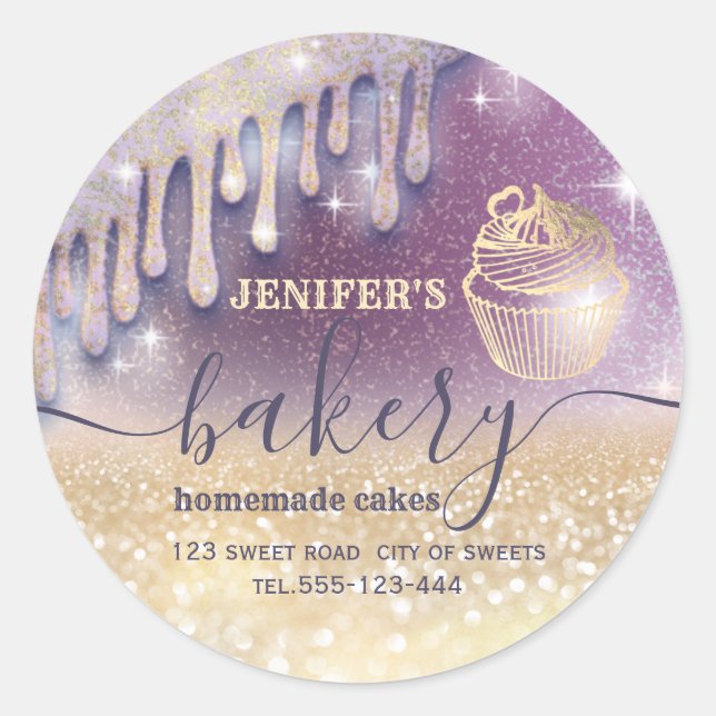 Sticker Rond Glittery gouttes cupcake chef script boulangerie (Devant)
