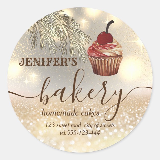 Sticker Rond Glittery holiday cupcake chef script boulangerie (Devant)