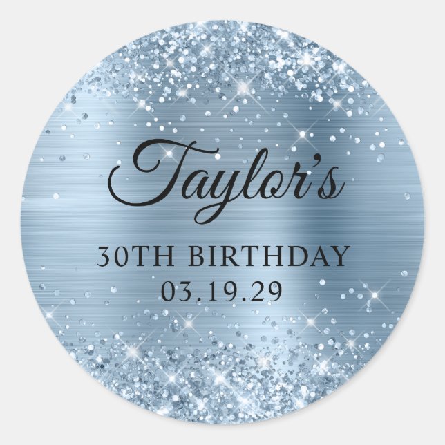 Sticker Rond Glittery Light Blue Foil 30e anniversaire (Devant)