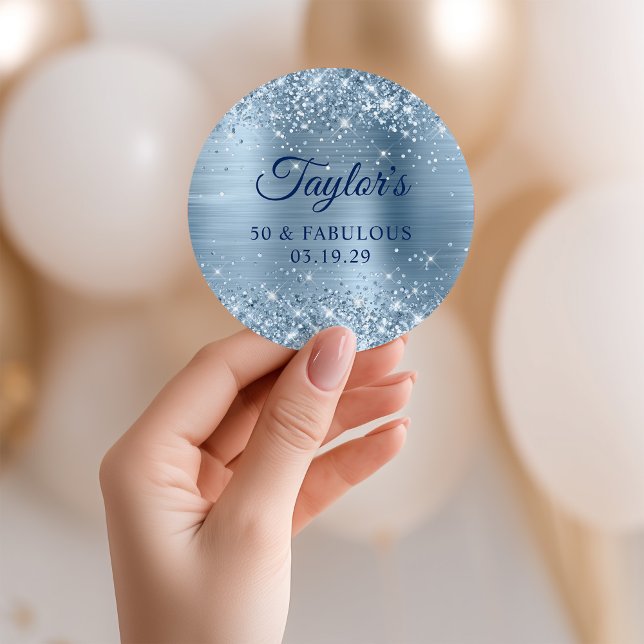 Sticker Rond Glittery Light Blue Foil 50 & Fabulous (Glittery Light Blue Foil 50 & Fabulous Classic Round Sticker)