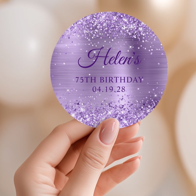 Sticker Rond Glittery Light Purple Foil 75e anniversaire (Glittery Light Purple Foil 75th Birthday Classic Round Sticker)