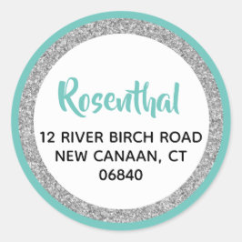 Sticker Rond Glittery Light Turquoise & Silver Adresse de retou