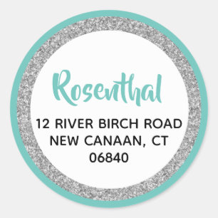 Sticker Rond Glittery Light Turquoise & Silver Adresse de retou
