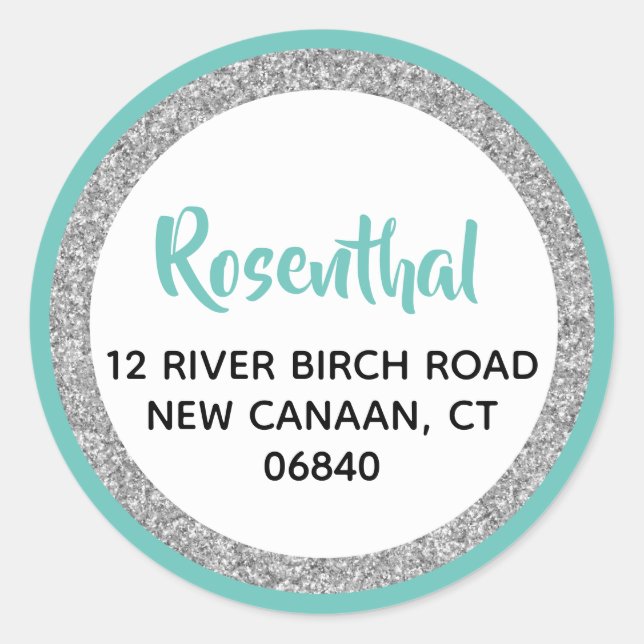 Sticker Rond Glittery Light Turquoise & Silver Adresse de retou (Devant)