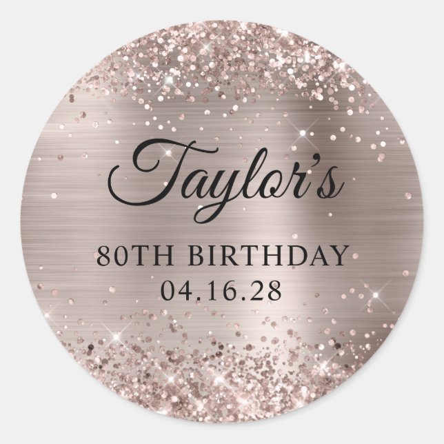Sticker Rond Glittery Pink Champagne Foil 80th Birthday (Devant)
