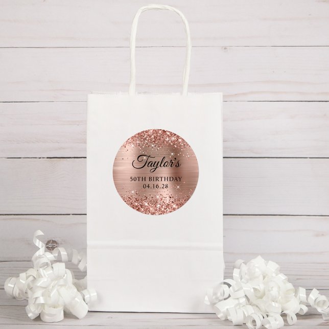 Sticker Rond Glittery Rose Gold Foil 50e anniversaire (Glitter Rose Gold Favor Bag Sticker)