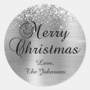 Sticker Rond Glittery Silver Foil Joyeux Noël Famille