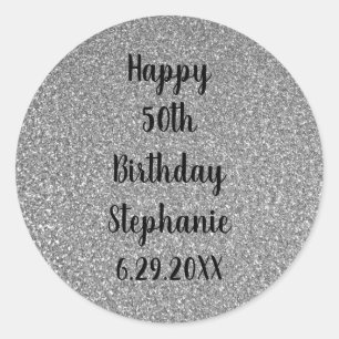 Sticker Rond Glittery Silver Grey Personnalisé Joyeux Anniversa
