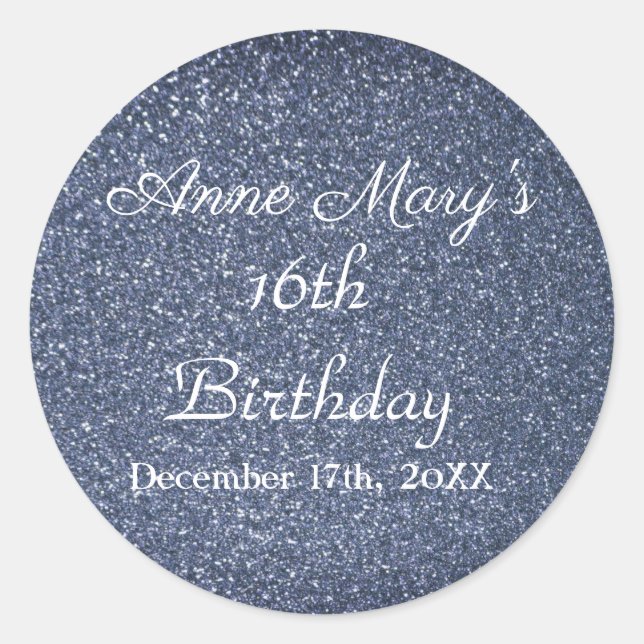 Sticker Rond Glittery Sparkle 16e anniversaire Custom Blue Grey (Devant)