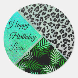 Sticker Rond Glittery Turquoise Empreinte de léopard tropical B