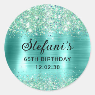 Sticker Rond Glittery Turquoise Foil 65e anniversaire