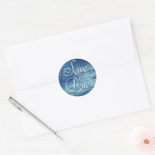 Sticker Rond Glitzy Foil | Ice Blue Iridescent Save the Date (Enveloppe)