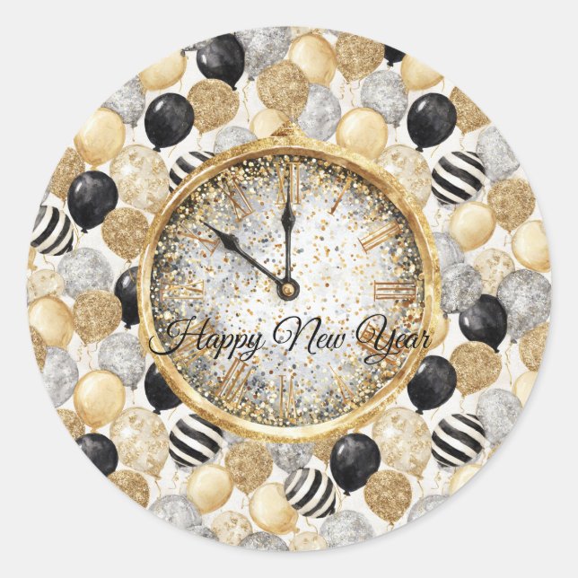 Sticker Rond Glitzy Gold Silver Black New Year's Balloons (Devant)