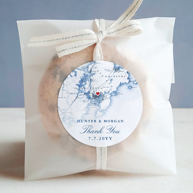 Sticker Rond Gloucester Cape Ann Elegant Marine Wedding Favor (These Gloucester MA map round sticker labels are perfect for your wedding favors)