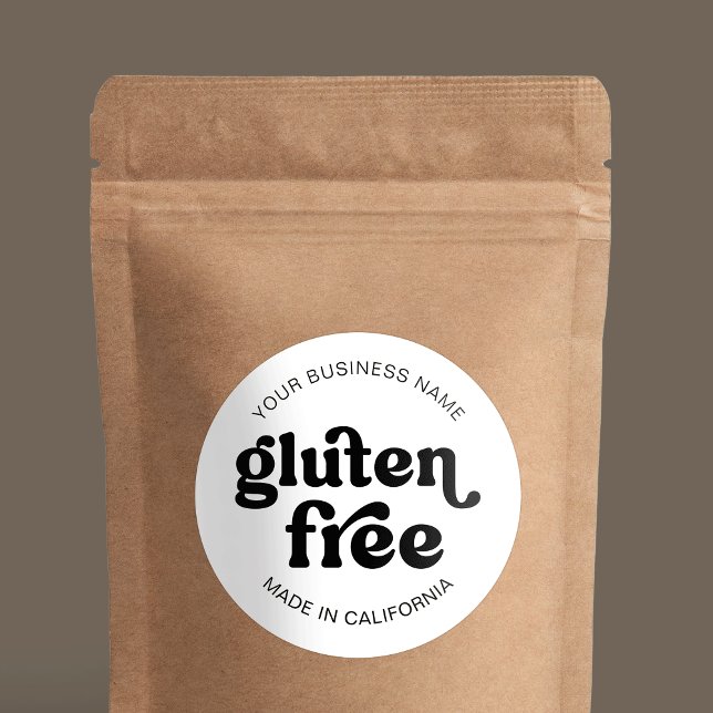 Sticker Rond Gluten Gratuit Moderne Rétro Simple Alimentation B (Stylish gluten free promotional product sticker with retro groovy fonts in black and white)