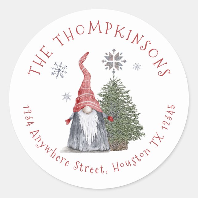 Sticker Rond Gnome Christmas Tree Nom Adresse de retour (Devant)
