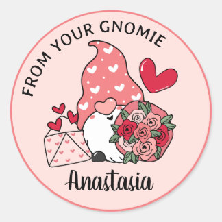 Sticker Rond Gnome de la Saint-Valentin Personnalisé avec Nom