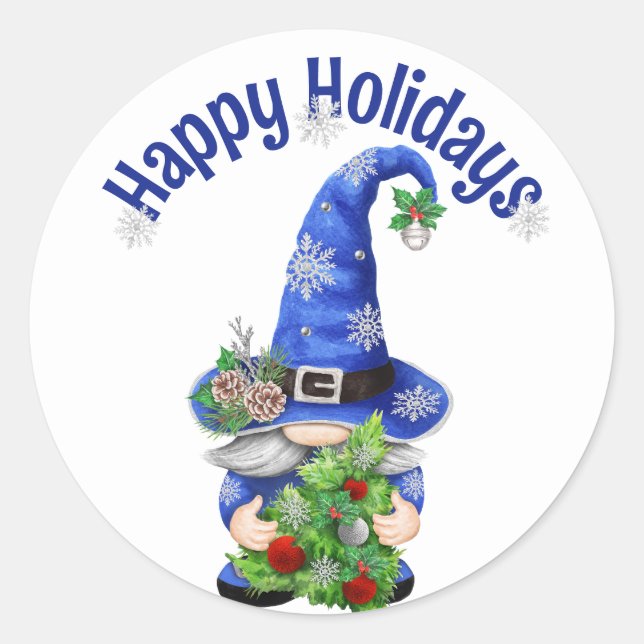 Sticker Rond Gnome de Noël bleu avec arbre (Devant)
