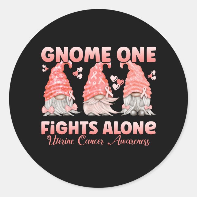 Sticker Rond Gnome du ruban de la Pêche du cancer utérin (Devant)