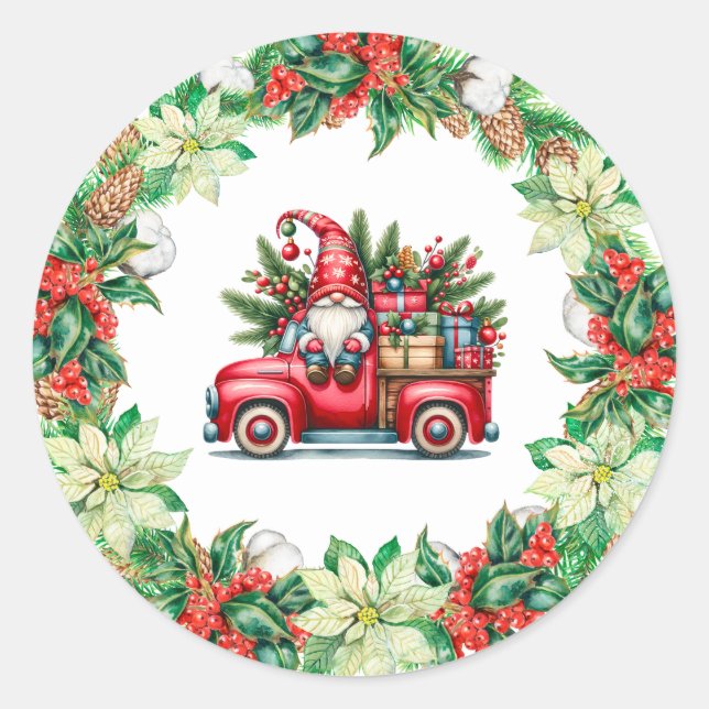 Sticker Rond Gnome en Camion Rouge rempli de cadeaux (Devant)