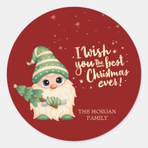 Sticker Rond Gnome, Je Vous Souhaite Le Meilleur Noël Jamais