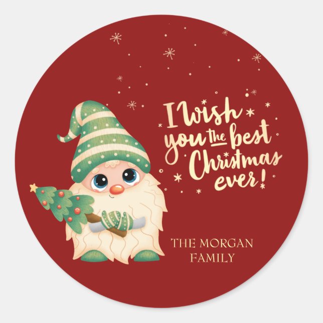 Sticker Rond Gnome, Je Vous Souhaite Le Meilleur Noël Jamais (Devant)