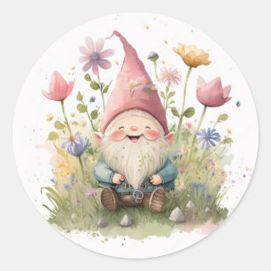 Sticker Rond Gnome Mignonne Dans Le Jardin