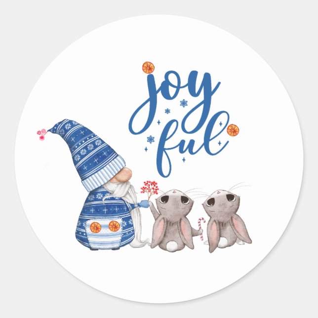 Sticker Rond Gnome scandinave mignonne avec lapins joyeux (Devant)