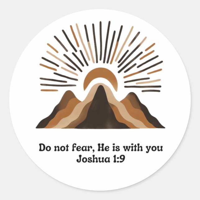 Sticker Rond God is with you – Joshua 1:9 | Boho mountains, min (Devant)